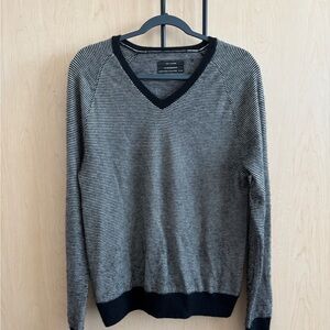 Club Monaco Black and Gray Striped Cashmere V-Neck Sweater